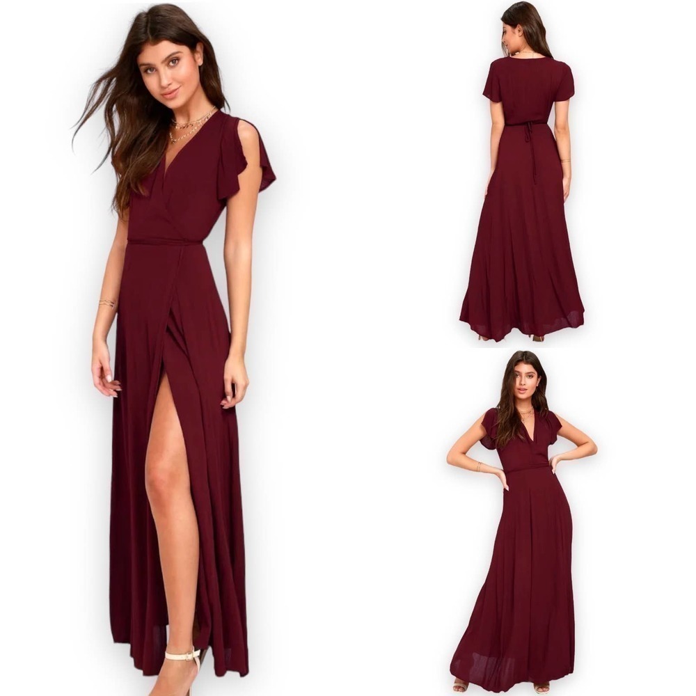 Lulus Heart of Marigold Women's Burgundy Slit Sleeves Wrap Maxi Dress Size L